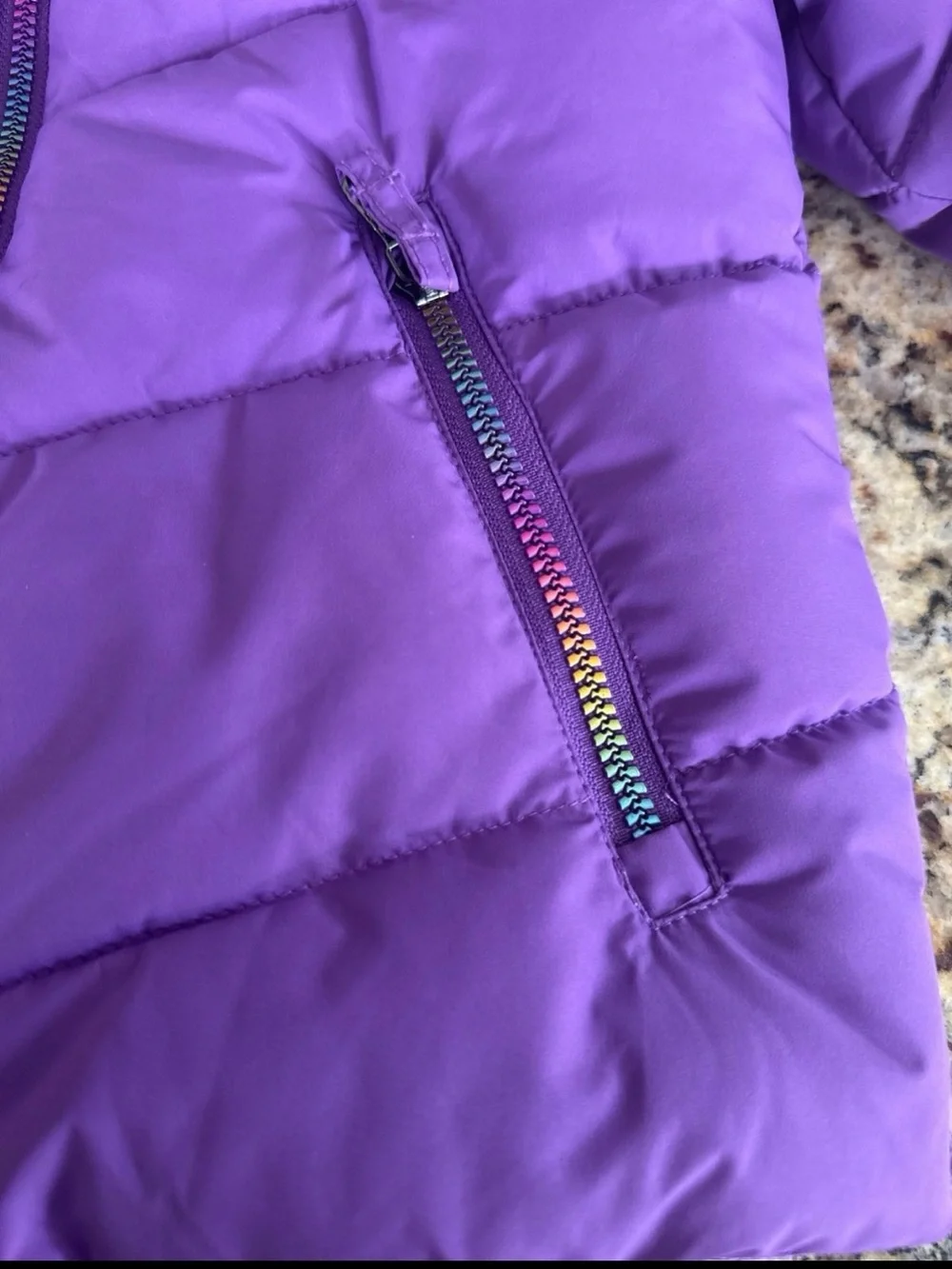 Children's Purple Hooded Puffer Jacket with Rainbow Zippers